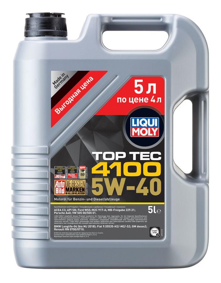 39041 LIQUI MOLY НС-синтетическое моторное масло Top Tec 4100 5W-40, 5л